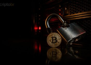 Cadeado rompido em rack de servidores com moeda de Bitcoin, representando caso Scattered Spider